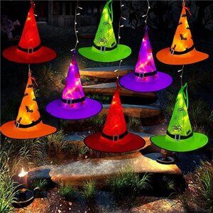 Halloween Decorations Lighted Witch Hats, 8Pcs Hanging Glowing Witch Hats 44ft